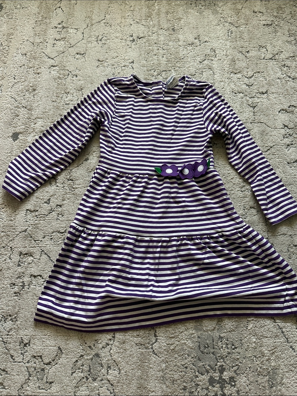 Florence Eiseman Purple and White Striped Long-Sleeve Dress‎ with Floral Belt